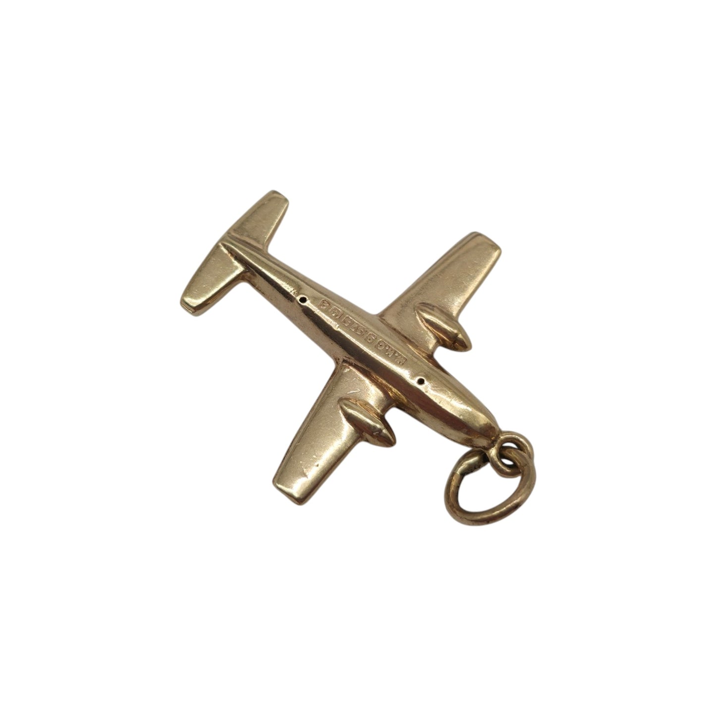 9ct 375 Yellow Gold Aeroplane Charm 1965 L 1.7 cm 0.6 g.
