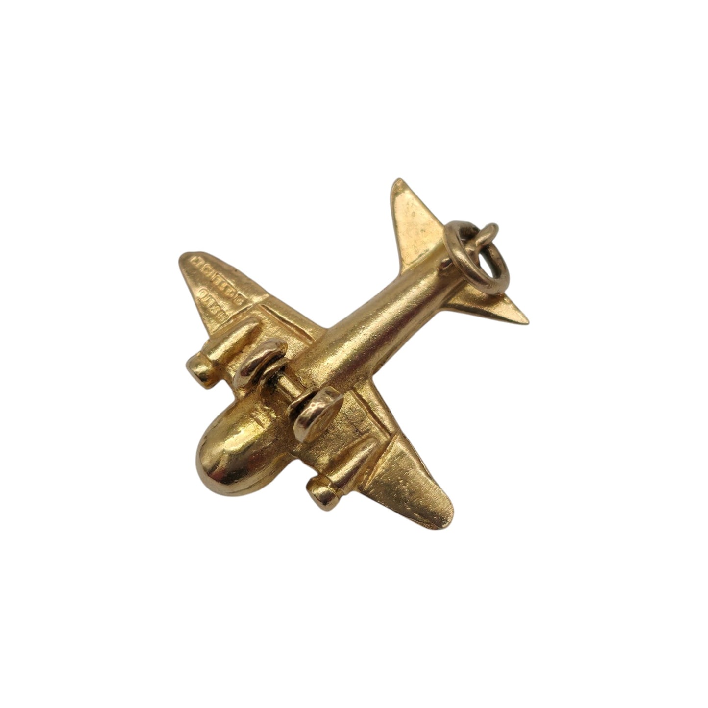 9ct 375 Yellow Gold Aeroplane Charm 1959 L 1.8 cm 2.2 g.