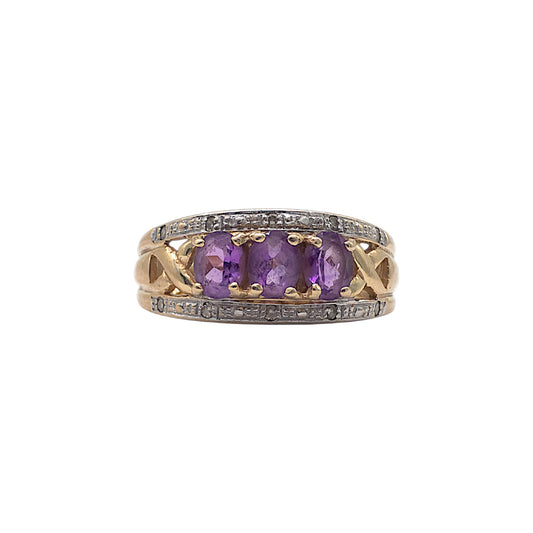 9ct 375 Yellow Gold Ring with Amethysts and Small Diamonds Size K 3.9 g