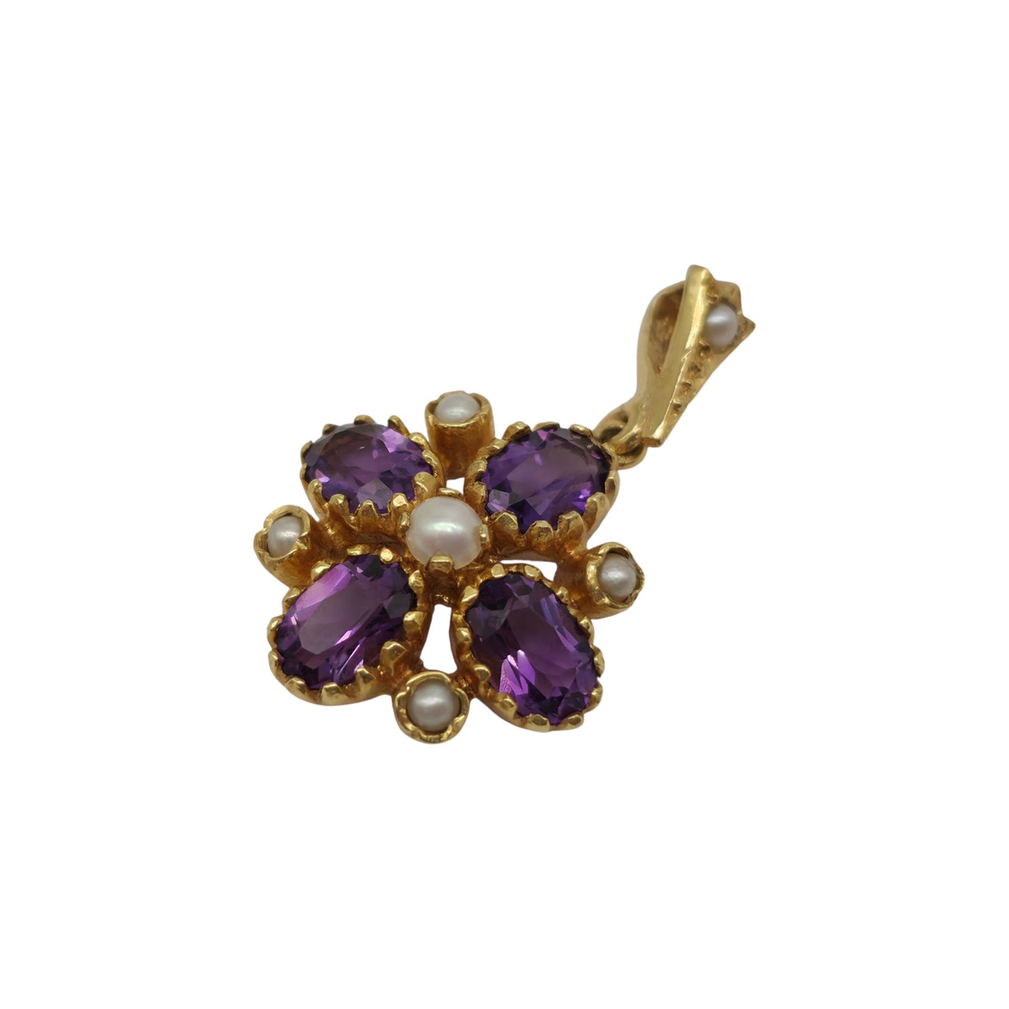 9ct 375 Yellow Gold Pendant With Amethysts & Pearls 2005 L 2.5 cm 2.6 g.