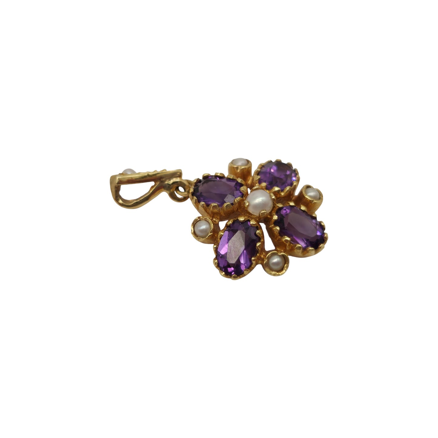 9ct 375 Yellow Gold Pendant With Amethysts & Pearls 2005 L 2.5 cm 2.6 g.