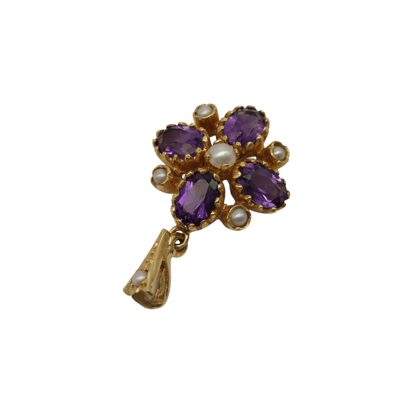 9ct 375 Yellow Gold Pendant With Amethysts & Pearls 2005 L 2.5 cm 2.6 g.