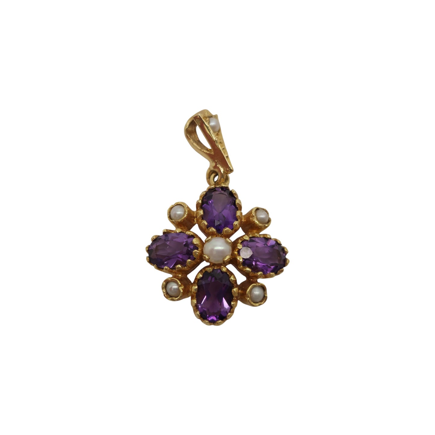 9ct 375 Yellow Gold Pendant With Amethysts & Pearls 2005 L 2.5 cm 2.6 g.