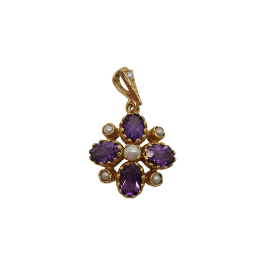 9ct 375 Yellow Gold Pendant With Amethysts & Pearls 2005 L 2.5 cm 2.6 g.