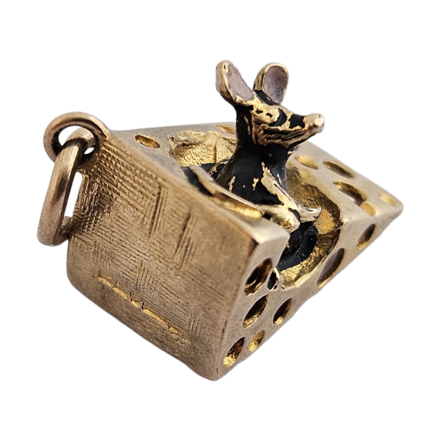 Amusing 9ct 375 Yellow Gold Mouse Inside Cheese Charm c.1969 L 1.5 cm 3.3 g