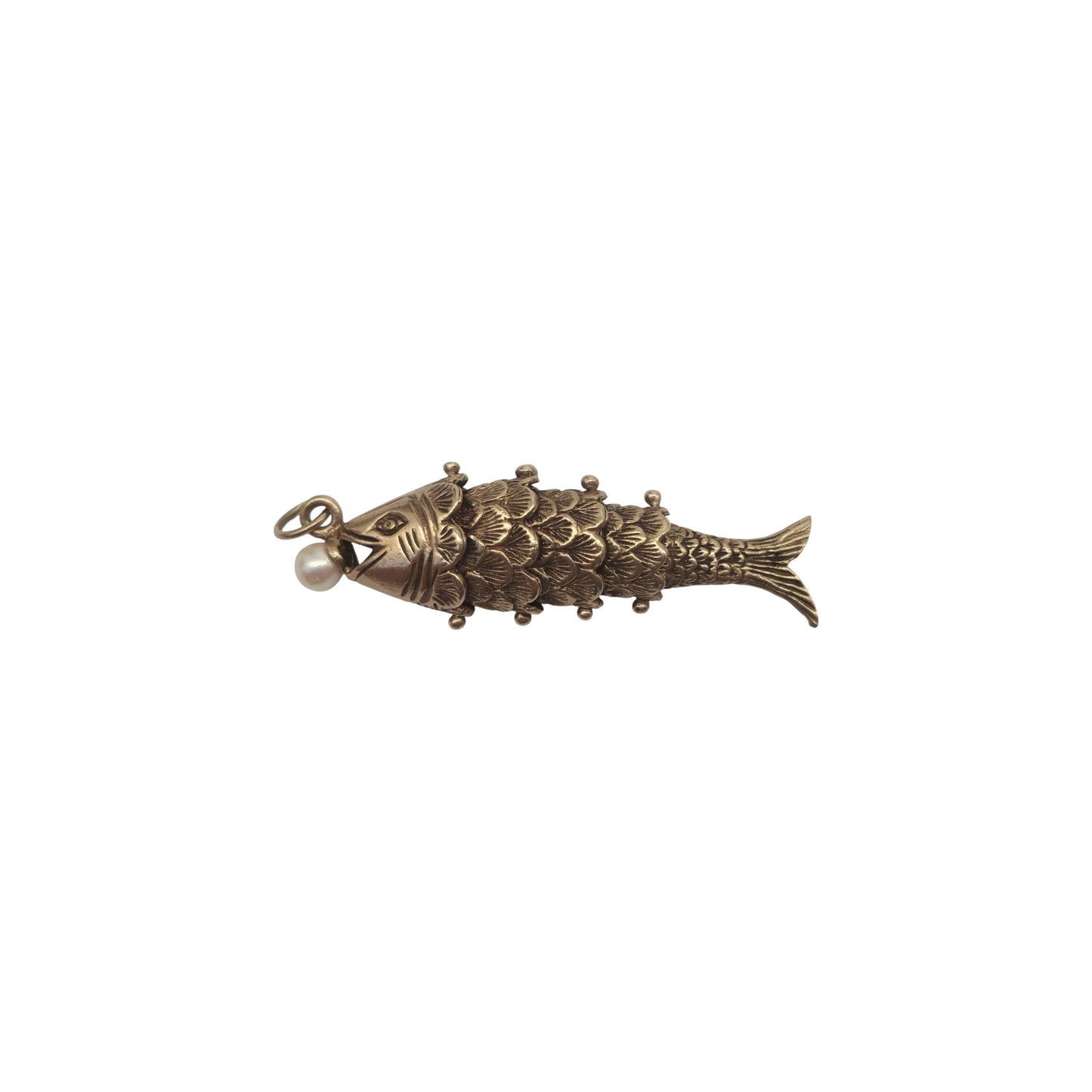 9ct 375 Yellow Gold Articulated Fish Charm With Pearl 1977 L 4.0 cm 6.2 g.