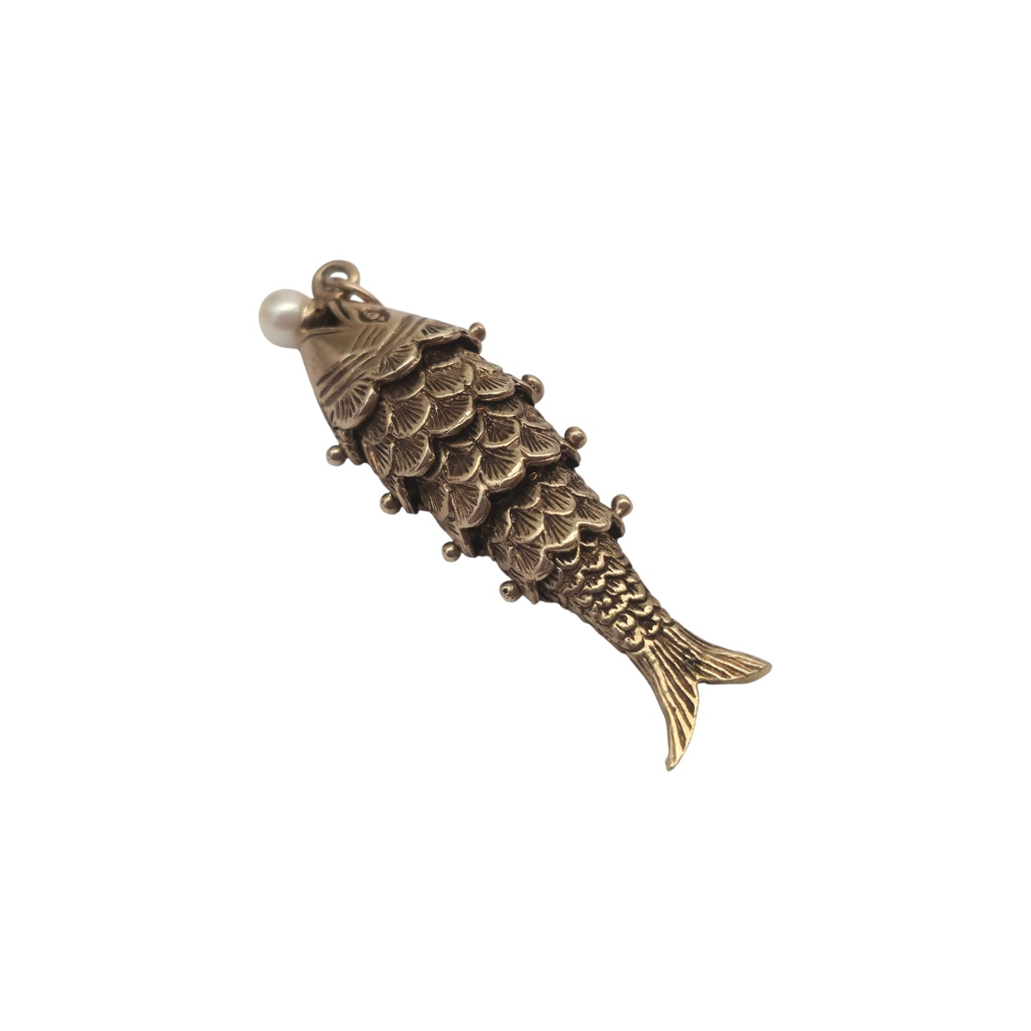 9ct 375 Yellow Gold Articulated Fish Charm With Pearl 1977 L 4.0 cm 6.2 g.