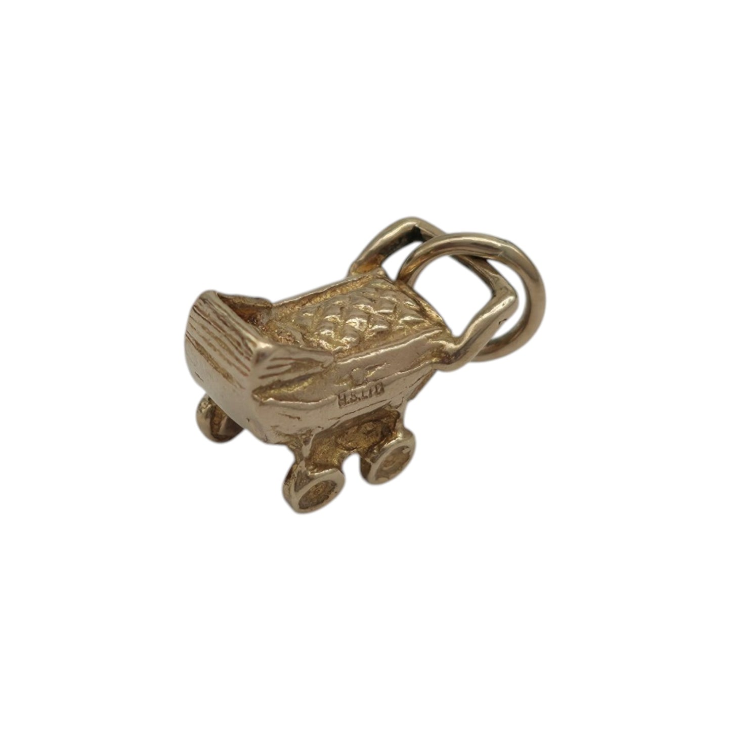 9ct 375 Yellow Gold Baby Pram Charm 1959 L 1.1 cm 1.4 g.