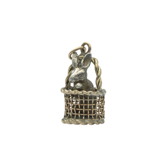 Novelty Antique 9ct Gold & Silver Rabbit In Basket Charm c.1900 L 1.6 cm 3.2 g.