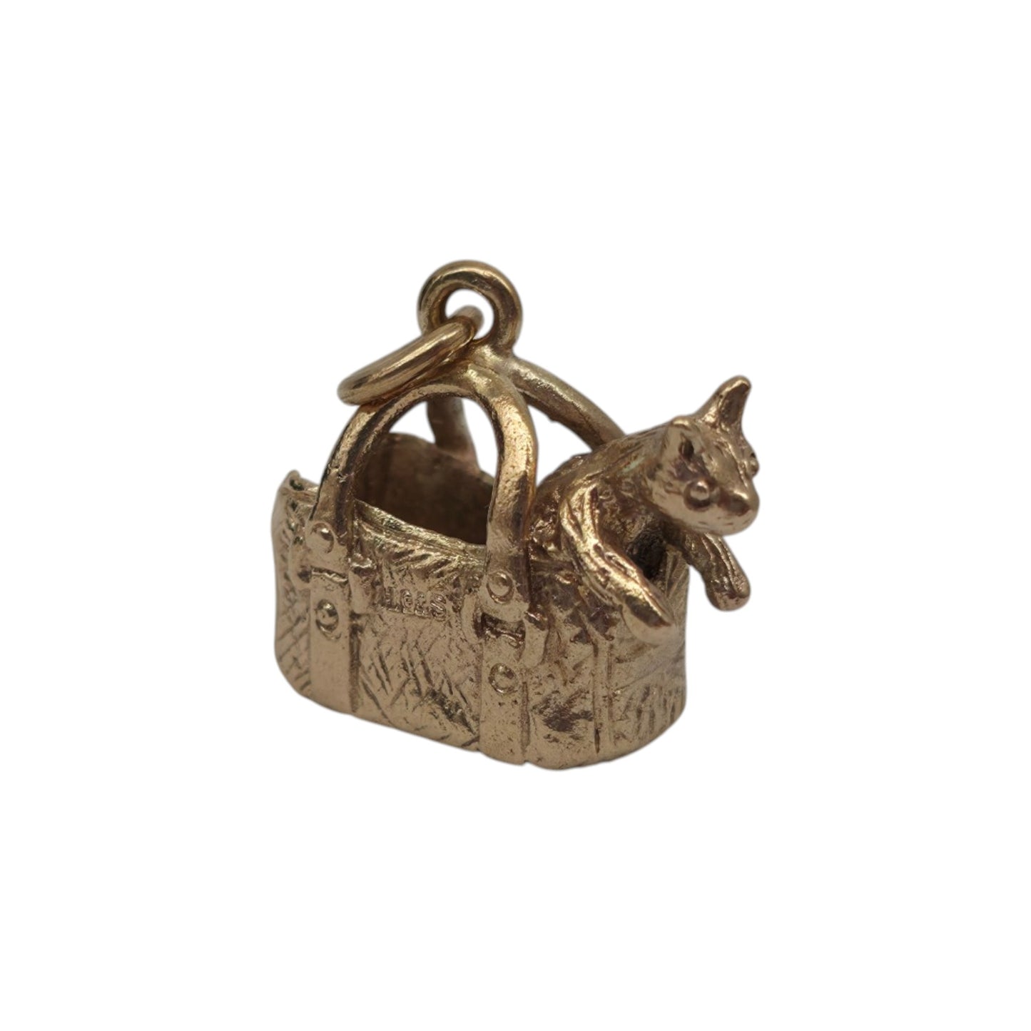 Heavy 9ct 375 Yellow Gold Cat In The Basket Charm 1970 L 1.6 cm 5.0 g.