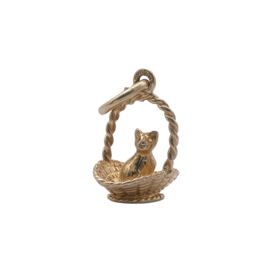 9ct 375 Yellow Gold Cat In Basket Charm 1989 L 1.1 cm 1.4 g.