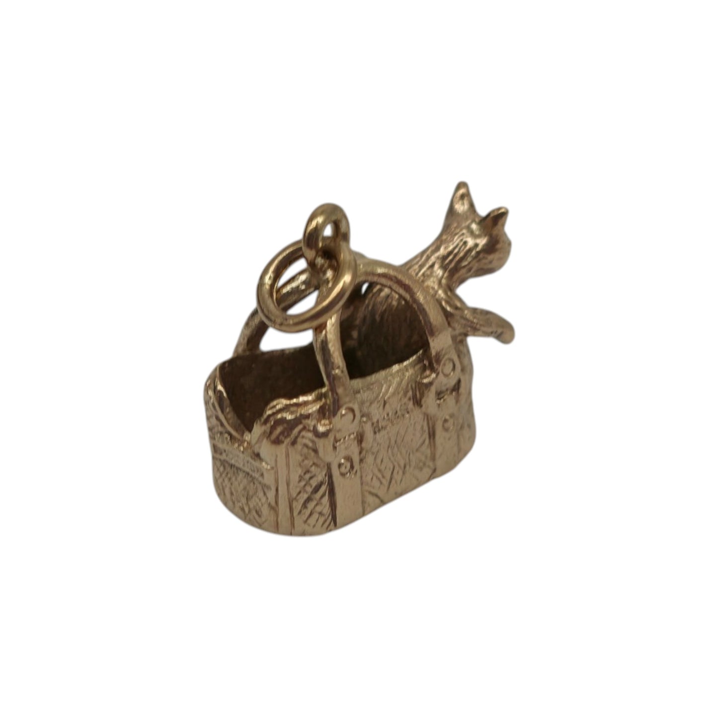 Heavy 9ct 375 Yellow Gold Cat In The Basket Charm 1970 L 1.6 cm 5.0 g.