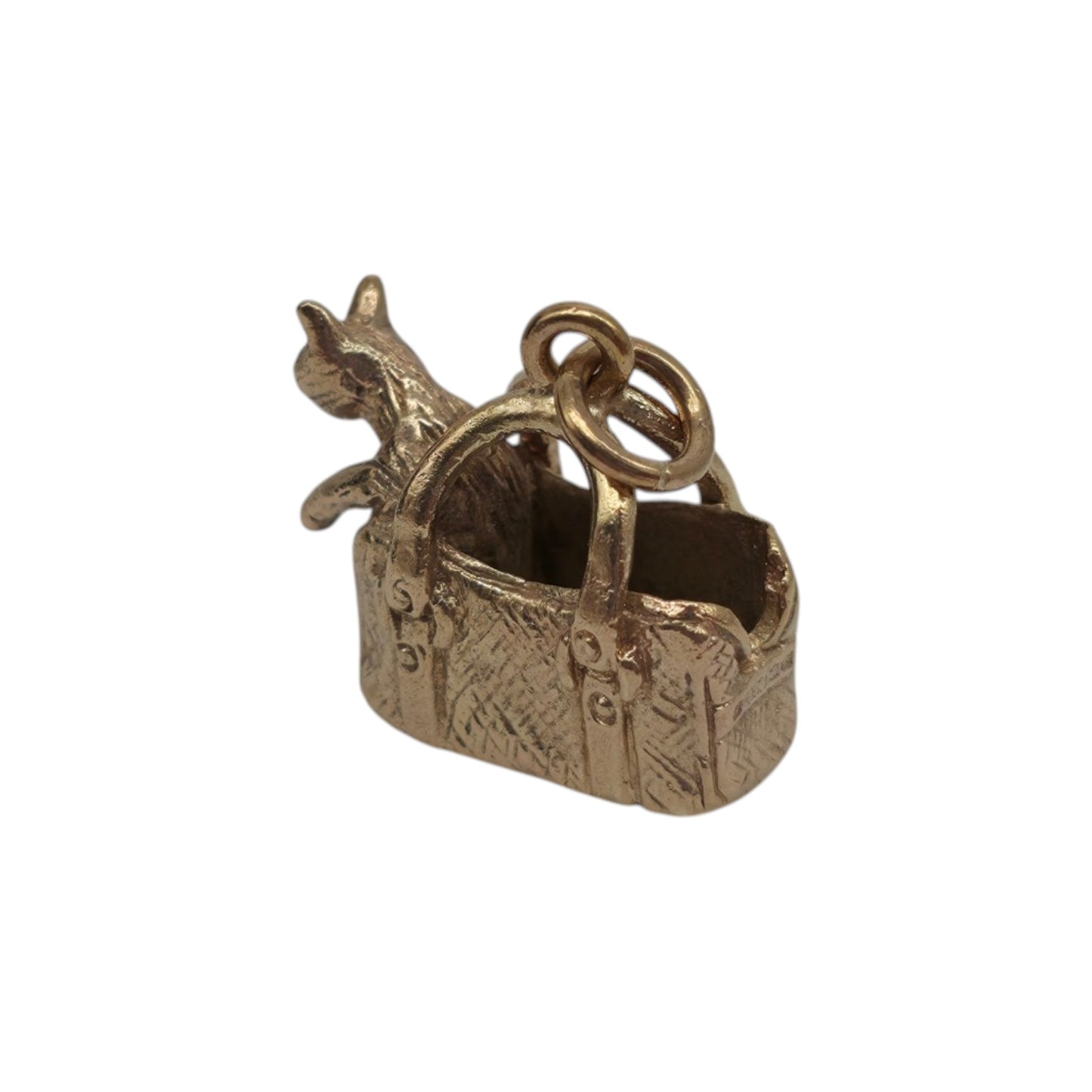 Heavy 9ct 375 Yellow Gold Cat In The Basket Charm 1970 L 1.6 cm 5.0 g.