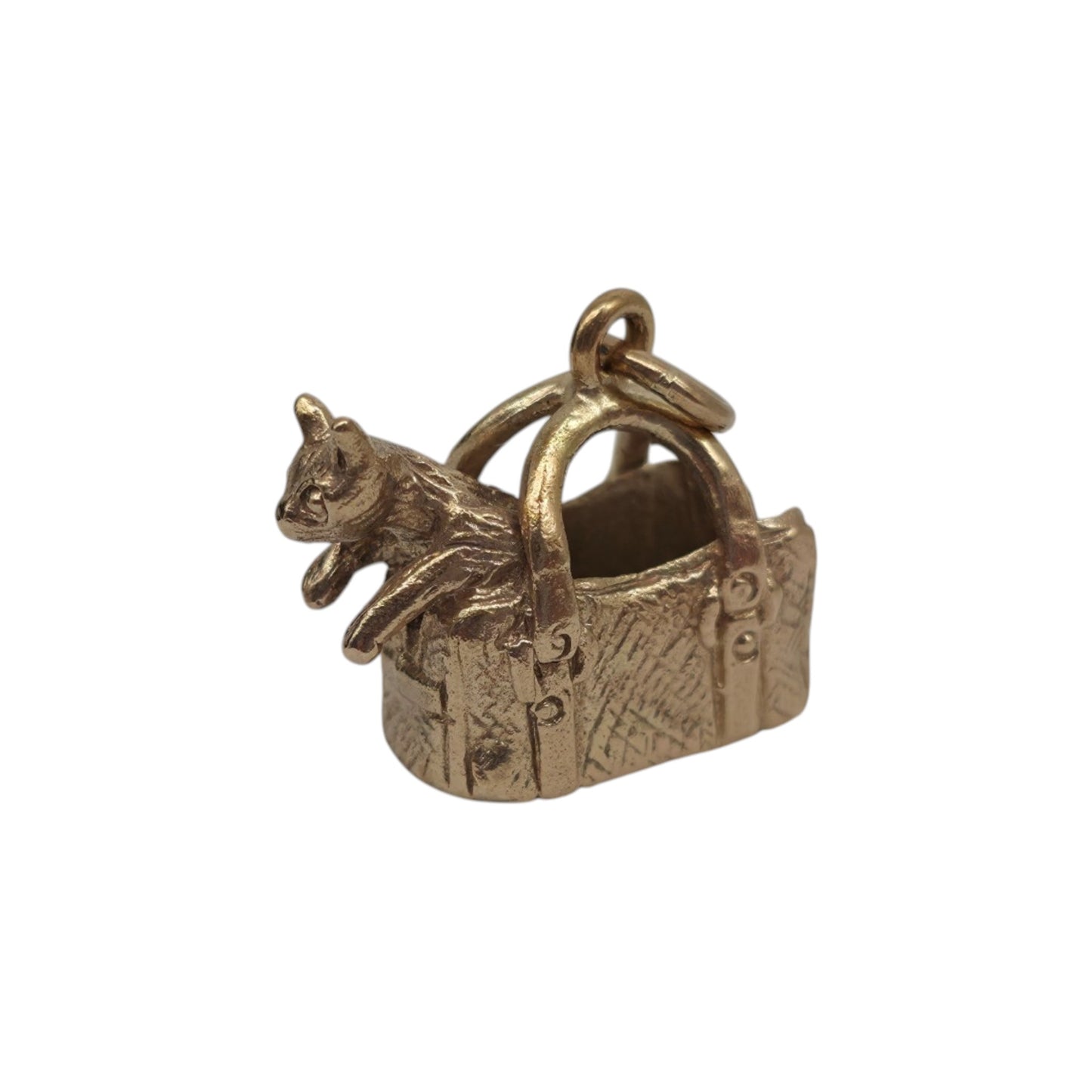 Heavy 9ct 375 Yellow Gold Cat In The Basket Charm 1970 L 1.6 cm 5.0 g.