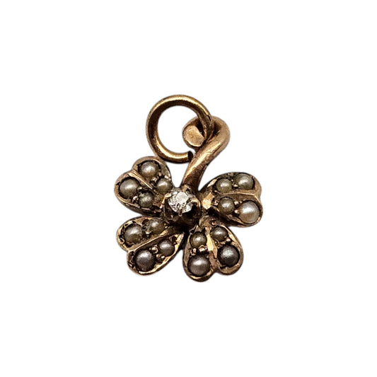 Unusual 9ct Yellow Gold Four Leaf Clover Charm With Diamond & Pearls