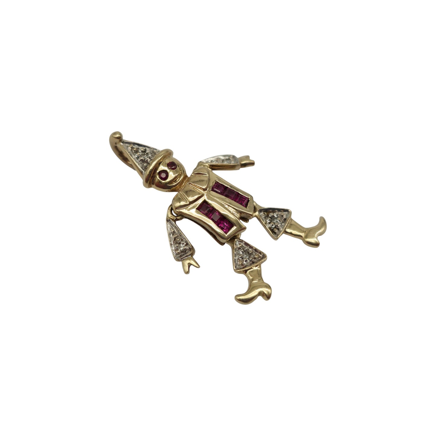 9ct 375 Yellow Gold Articulated Clown Pendant With Ruby & Diamonds L 2.7 cm 2.0 g.