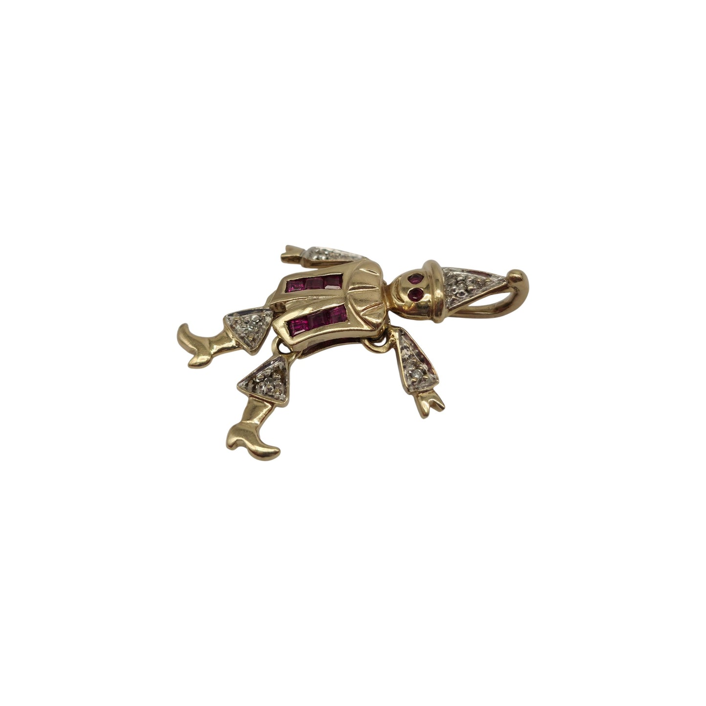 9ct 375 Yellow Gold Articulated Clown Pendant With Ruby & Diamonds L 2.7 cm 2.0 g.