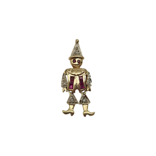 9ct 375 Yellow Gold Articulated Clown Pendant With Ruby & Diamonds L 2.7 cm 2.0 g.