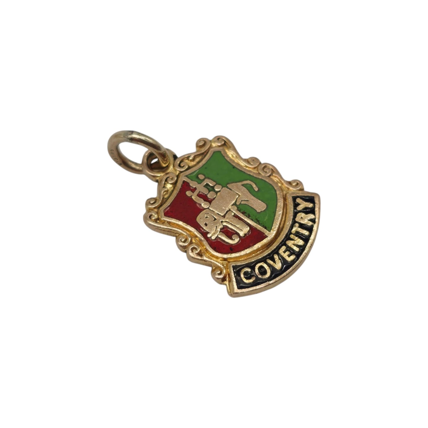 9ct 375 Yellow Gold & Enamel Coventry Medallion Charm 1961 L 1.3 cm 1.5 g.