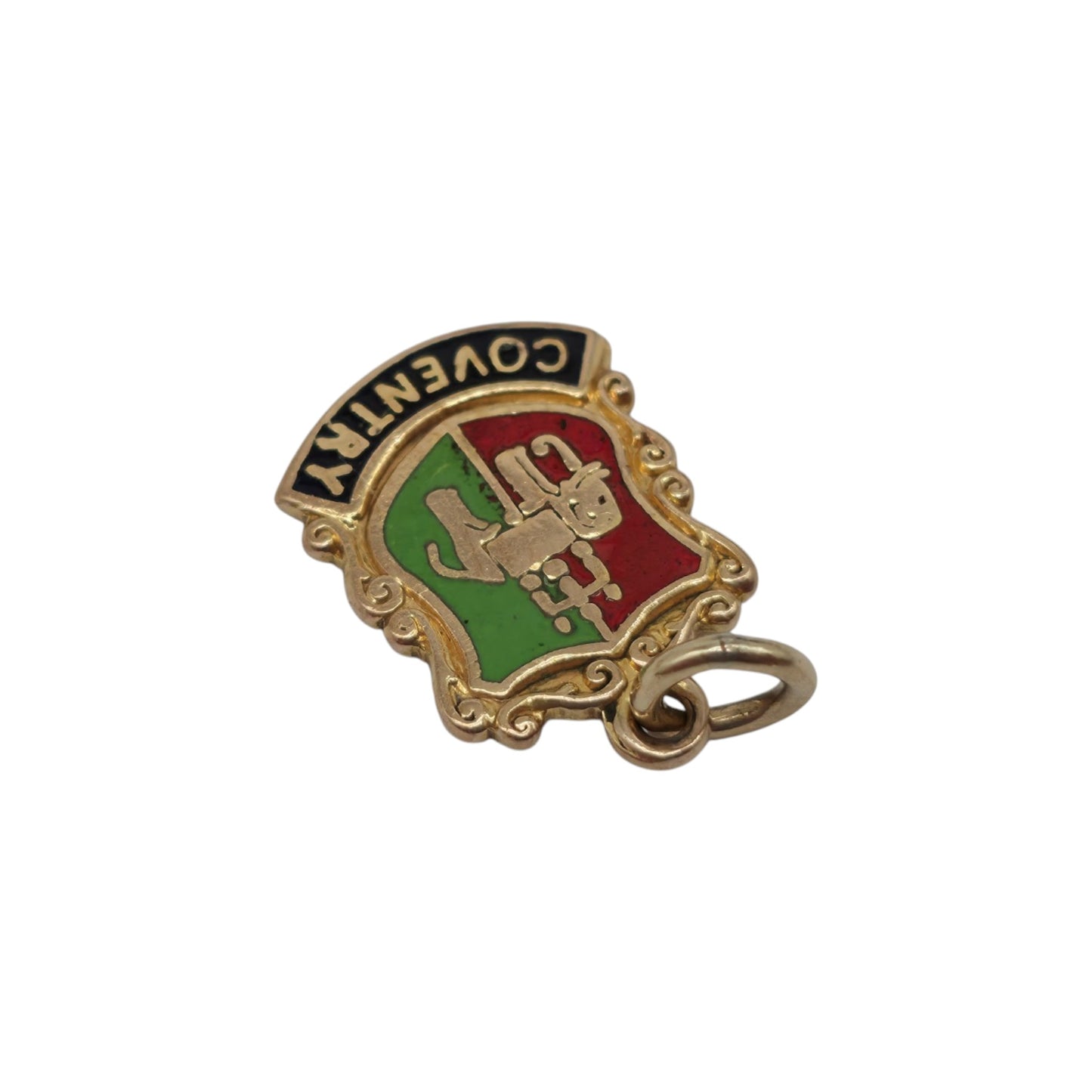 9ct 375 Yellow Gold & Enamel Coventry Medallion Charm 1961 L 1.3 cm 1.5 g.