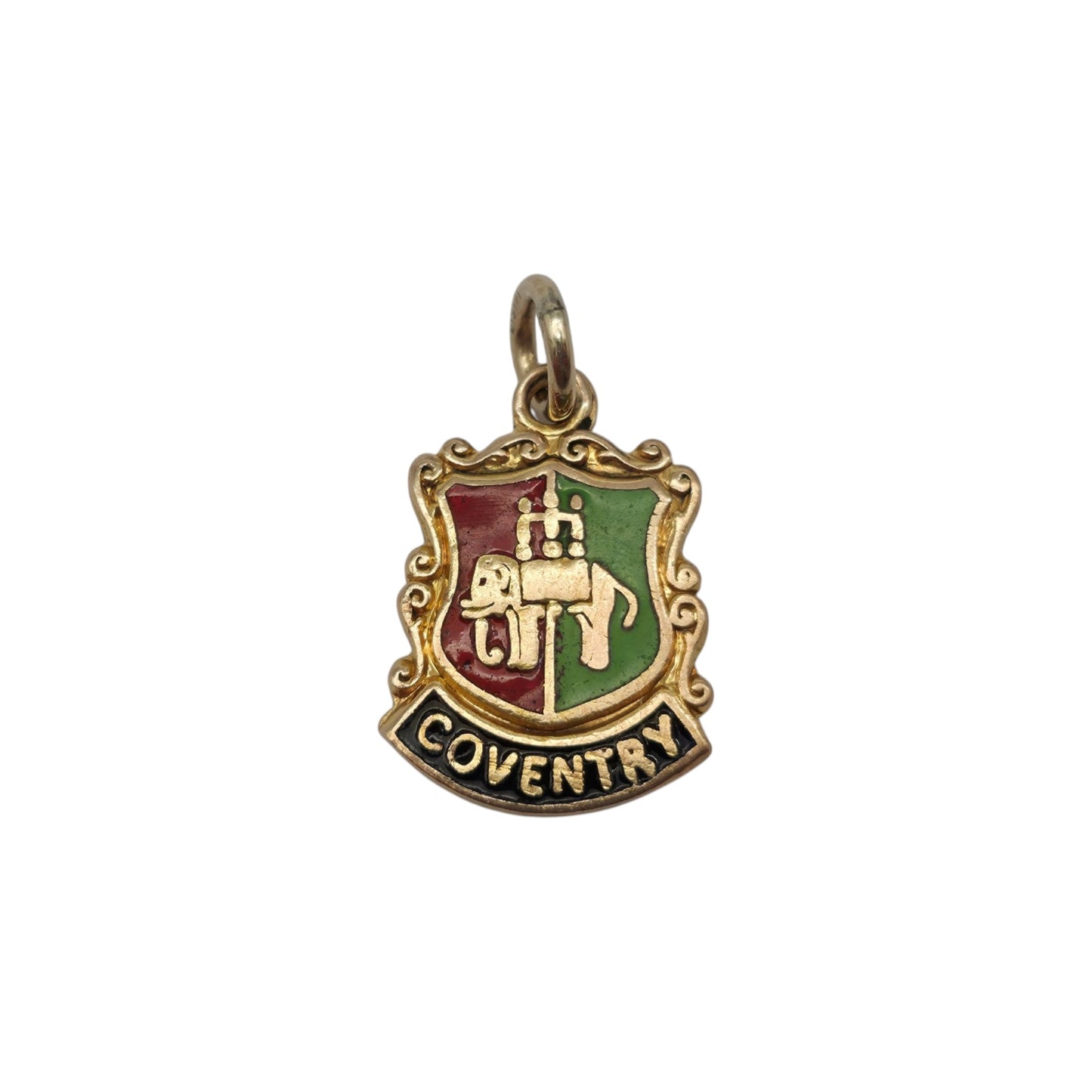 9ct 375 Yellow Gold & Enamel Coventry Medallion Charm 1961 L 1.3 cm 1.5 g.
