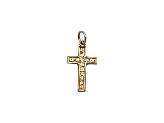 9ct 375 Yellow Gold Engraved Cross Charm 1978 L 1.9 cm 1.3 g.