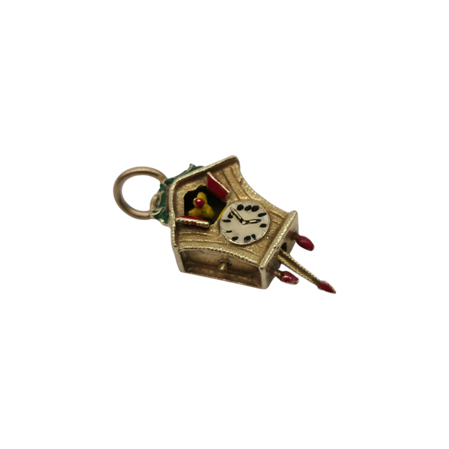 9ct 375 イエローゴールド エナメル可動式鳩時計チャーム 1962年製 長さ1.8cm 2.2g