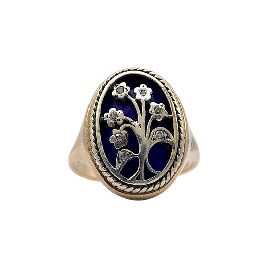 9ct gold &amp; blue enamel Flower Design Ring with Diamonds.