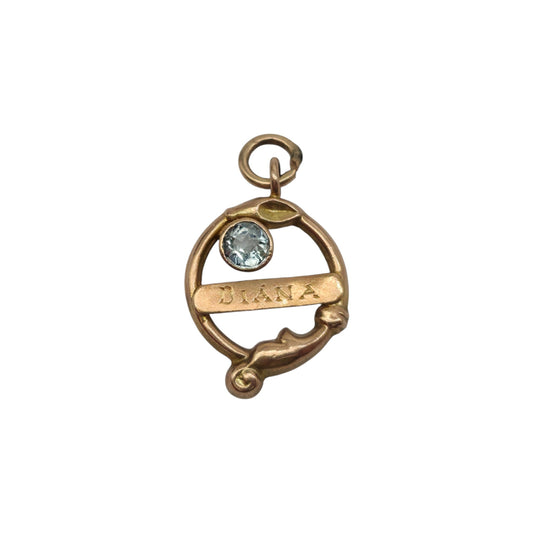 9ct Rose Gold "Diana" Name Charm With Blue Topaz L 1.4 cm 0.6 g.