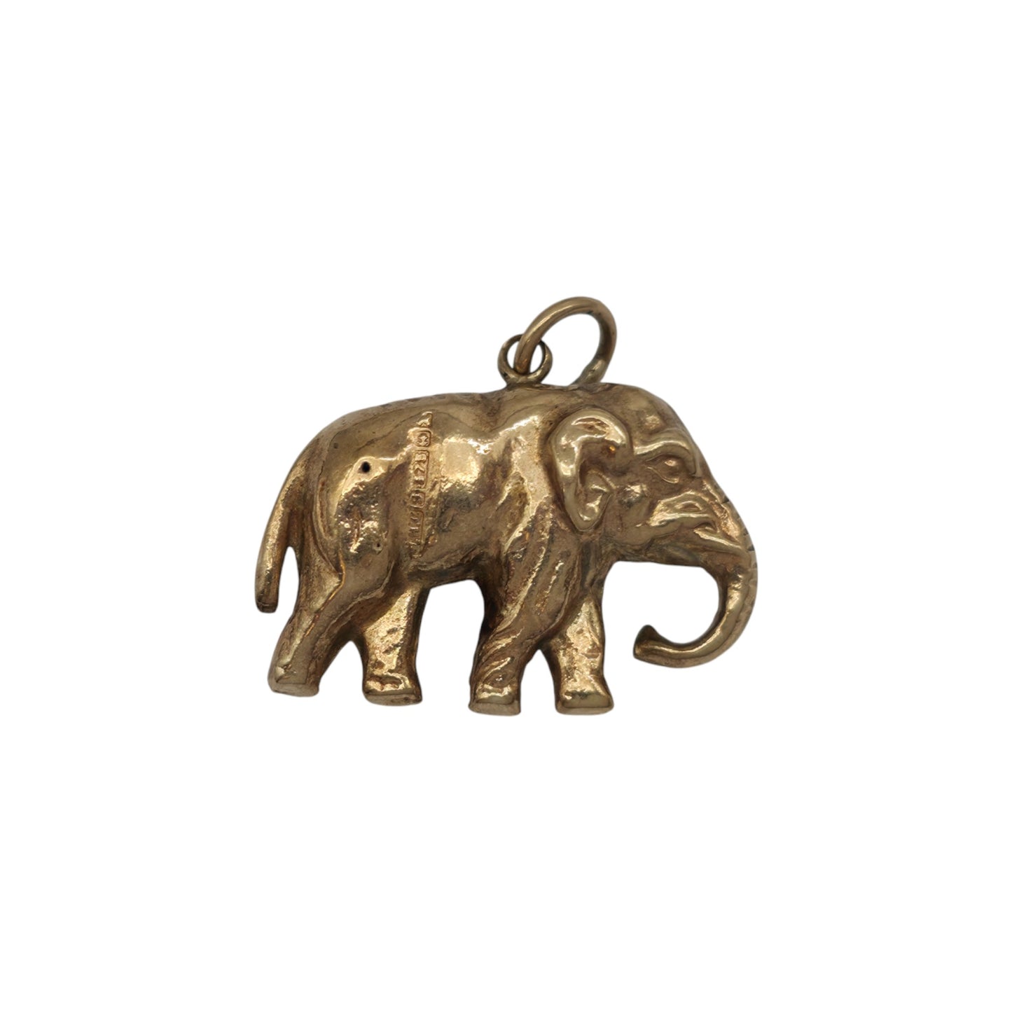 9ct 375 Yellow Gold Elephant Charm 1972 L 1.8 cm 1.1 g.