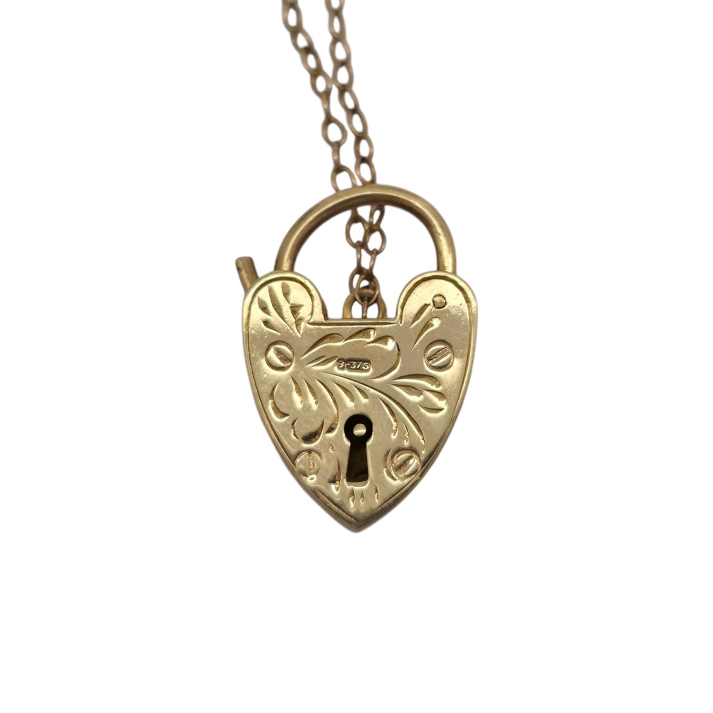 9ct 375 Yellow Gold Engraved Heart Shaped Padlock 1963 L 2.0 cm 2.4 g.