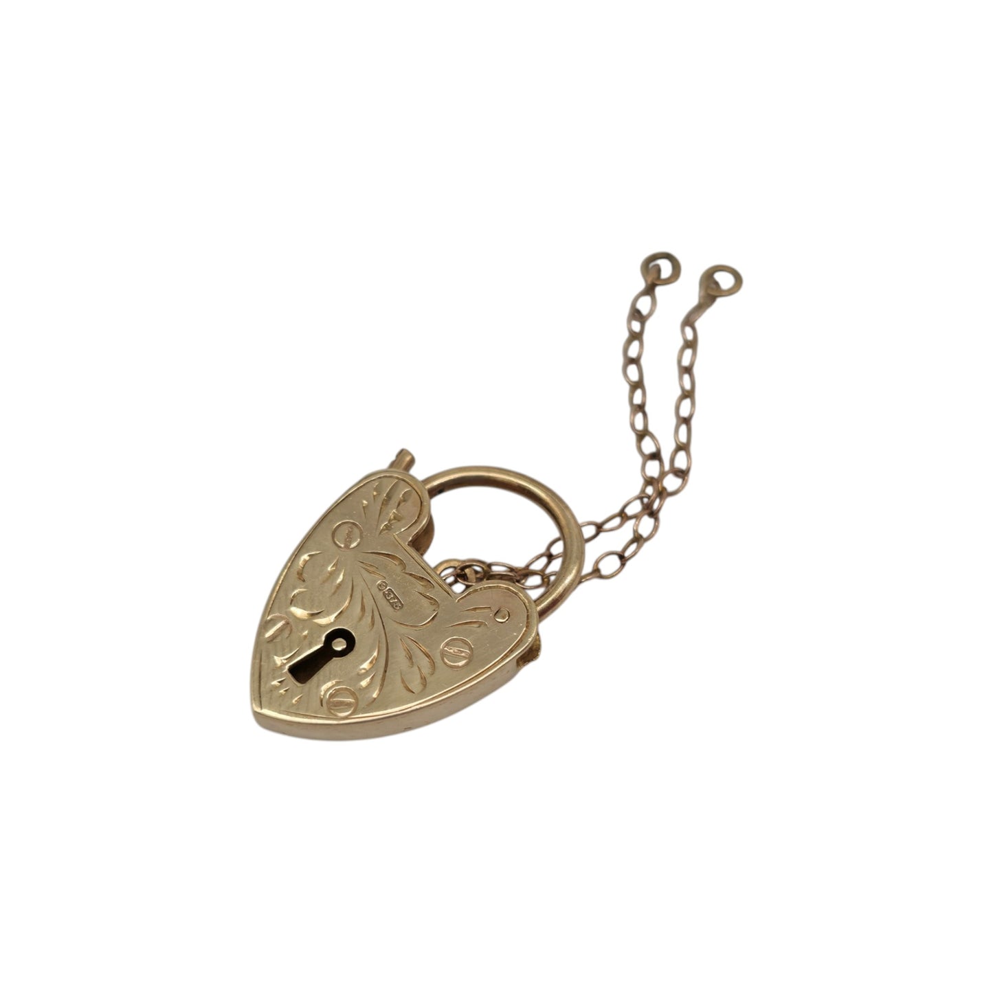9ct 375 Yellow Gold Engraved Heart Shaped Padlock 1963 L 2.0 cm 2.4 g.