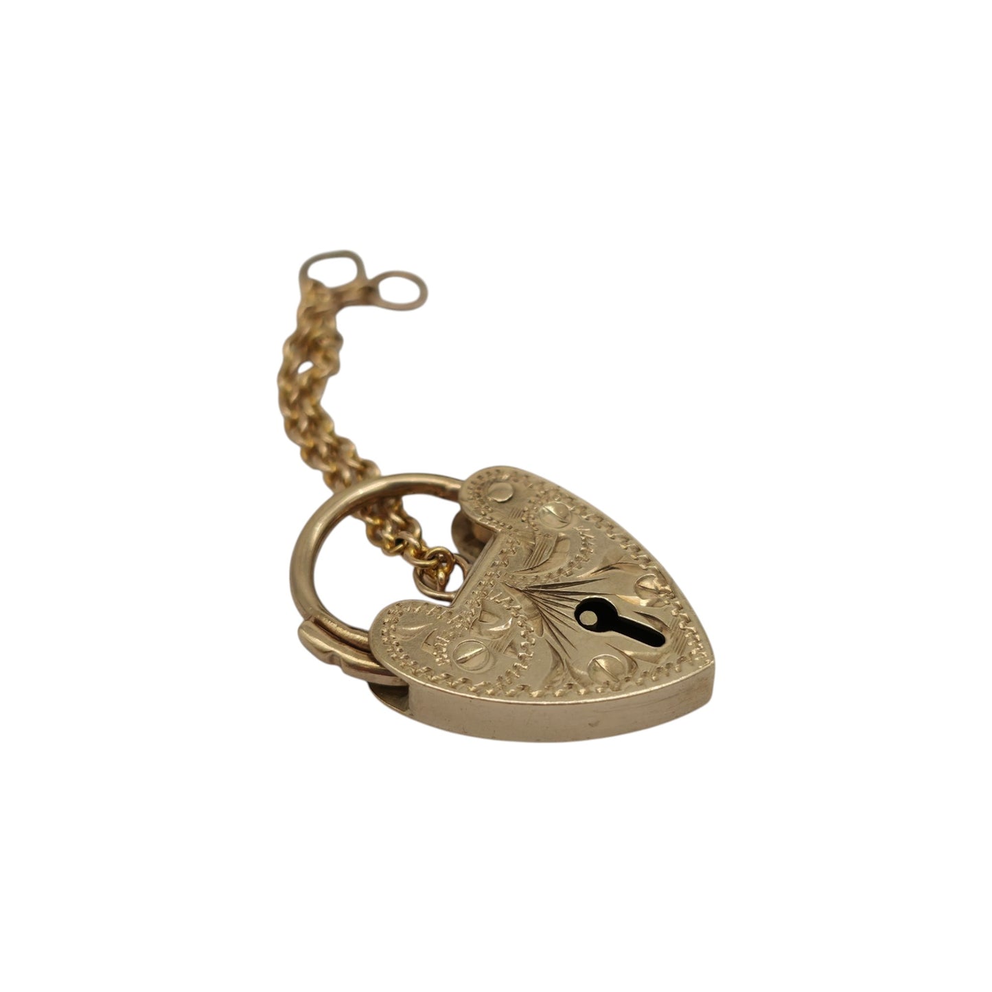 9ct 375 Yellow Gold Engraved Heart Shaped Padlock 1968 L 2.0 cm 2.5 g.