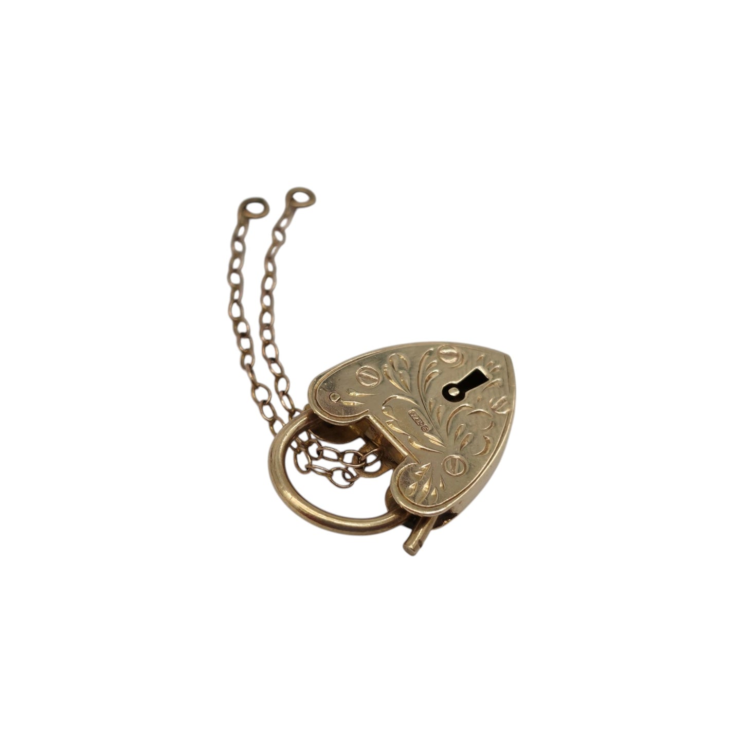 9ct 375 Yellow Gold Engraved Heart Shaped Padlock 1963 L 2.0 cm 2.4 g.