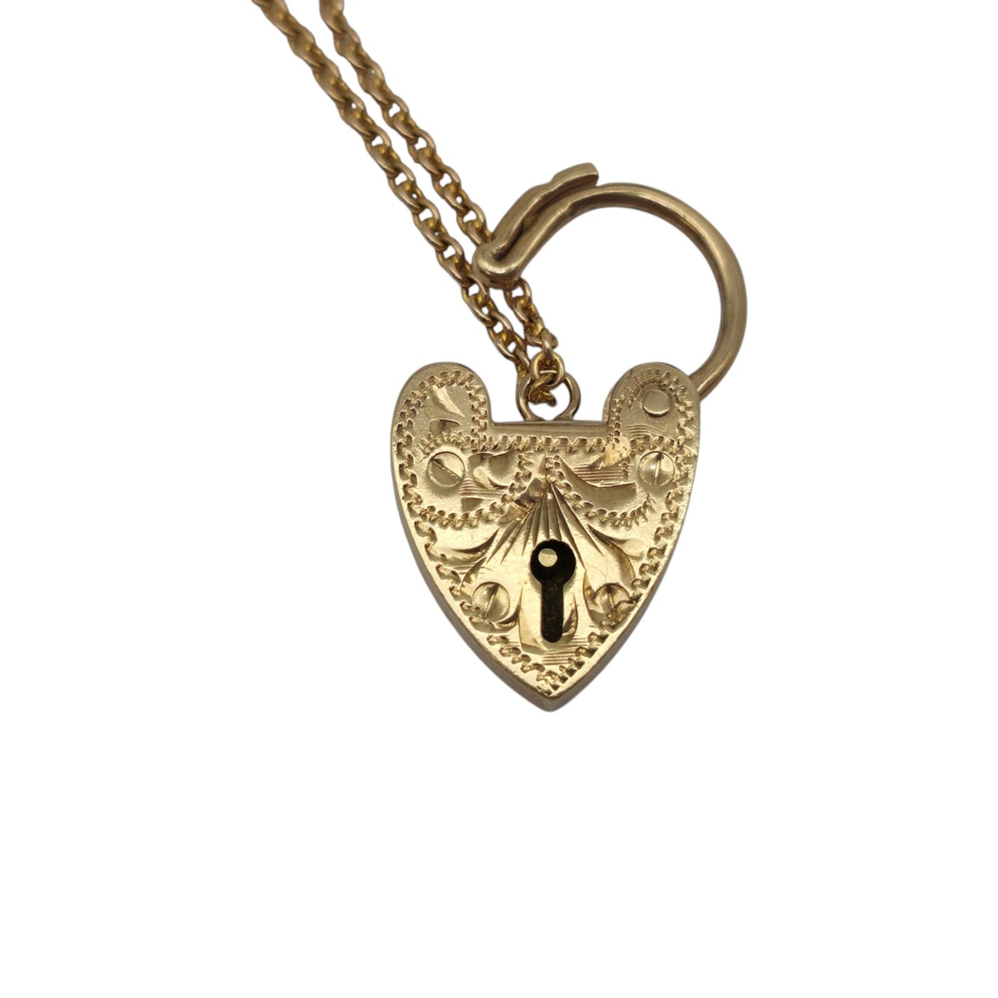 9ct 375 Yellow Gold Engraved Heart Shaped Padlock 1968 L 2.0 cm 2.5 g.