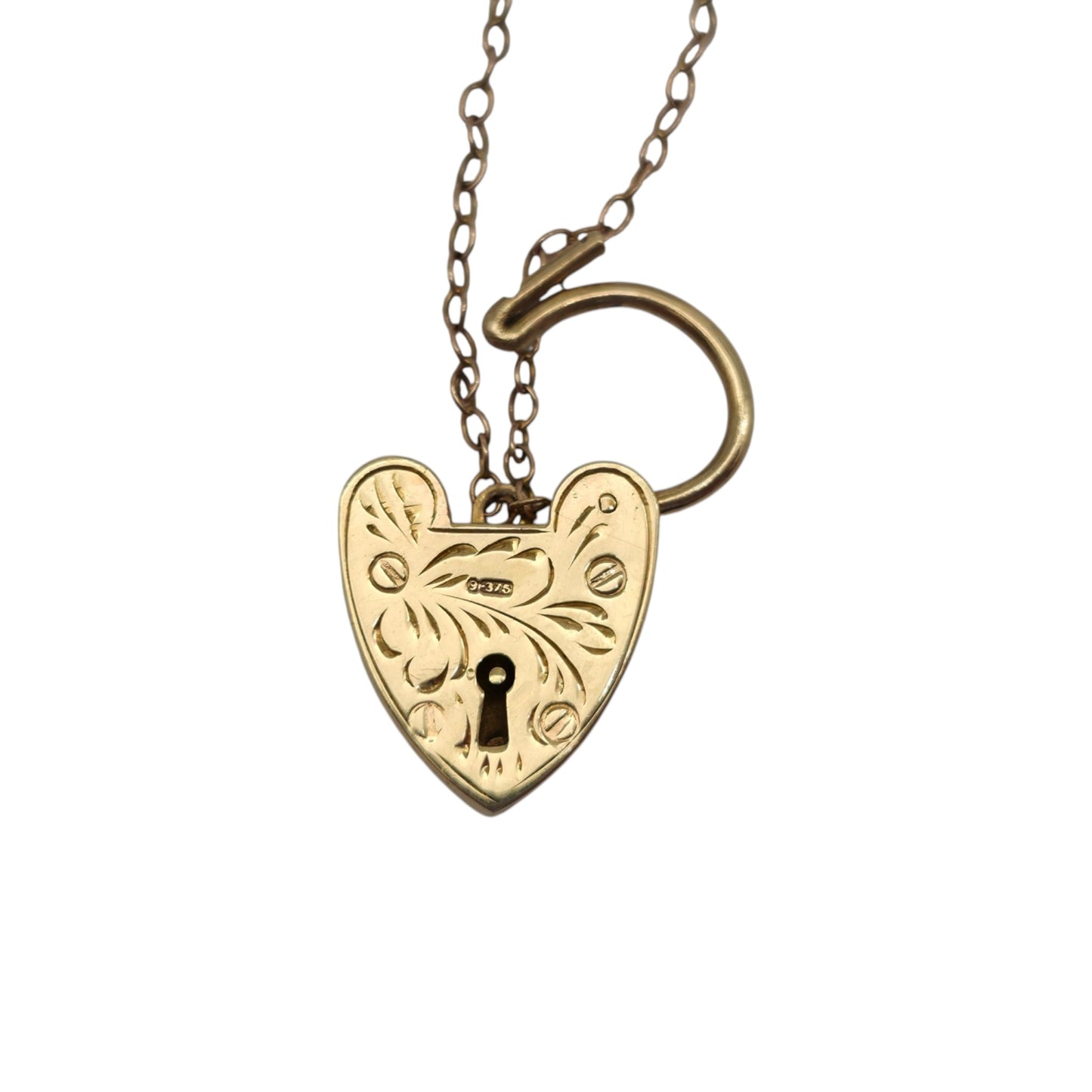 9ct 375 Yellow Gold Engraved Heart Shaped Padlock 1963 L 2.0 cm 2.4 g.