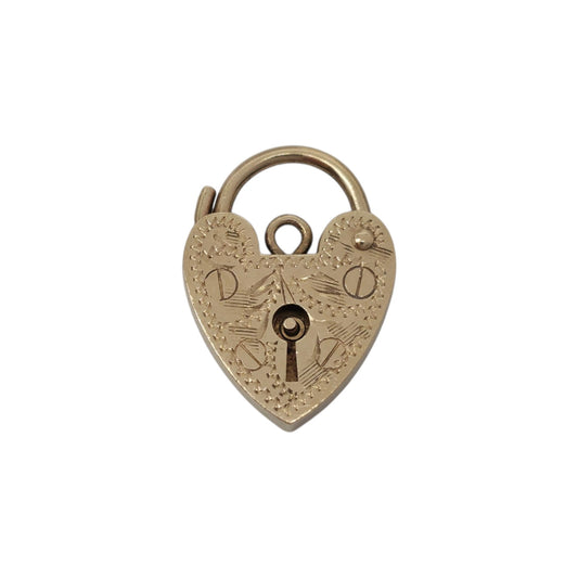 9ct 375 Yellow Gold Engraved Heart Shaped Padlock 1972 L 1.7 cm 1.4 g.