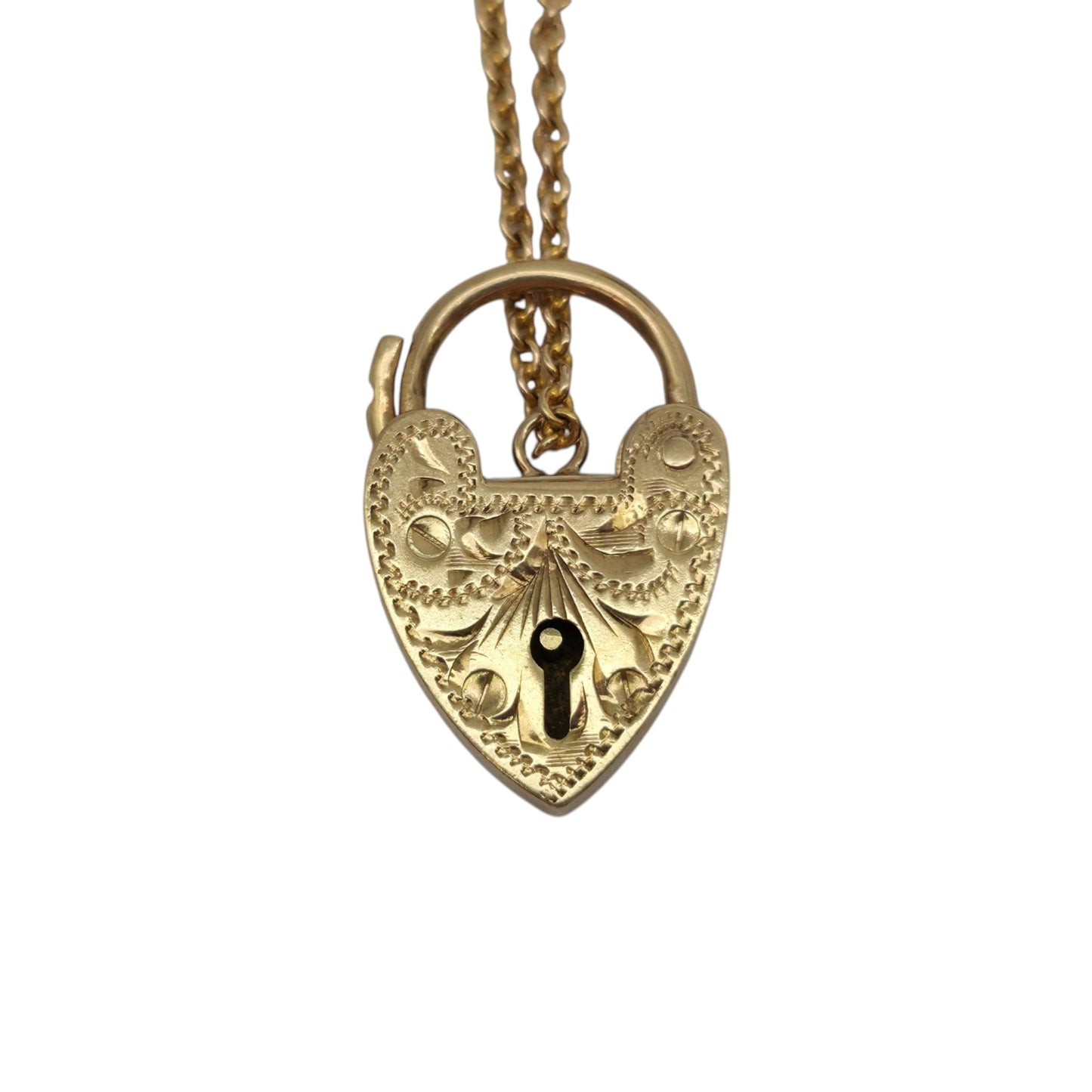 9ct 375 Yellow Gold Engraved Heart Shaped Padlock 1968 L 2.0 cm 2.5 g.