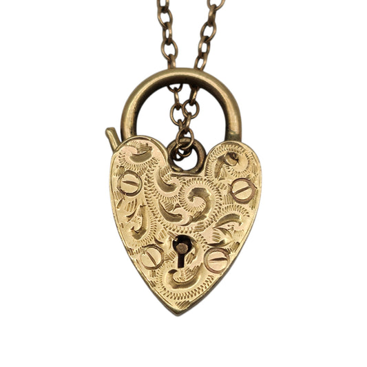 9ct 375 Yellow Gold Engraved Heart Shaped Padlock 1964 L 2.1 cm 2.9 g.