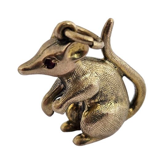 Georg Jensen 9ct 375 Yellow Gold Mouse Charm with Red Eyes 1963 L 1.9 cm 5.6 g