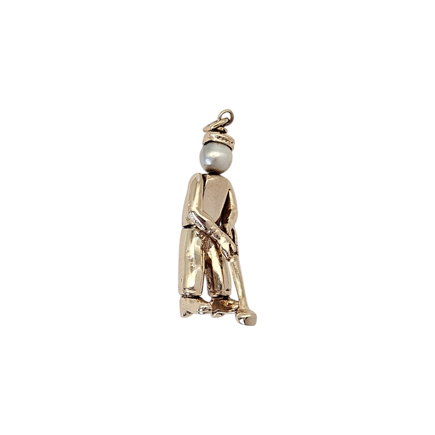 9ct 375 Yellow Gold Articulated Golf Player Pendant With Pearl L 3.1 cm 6.6 g.