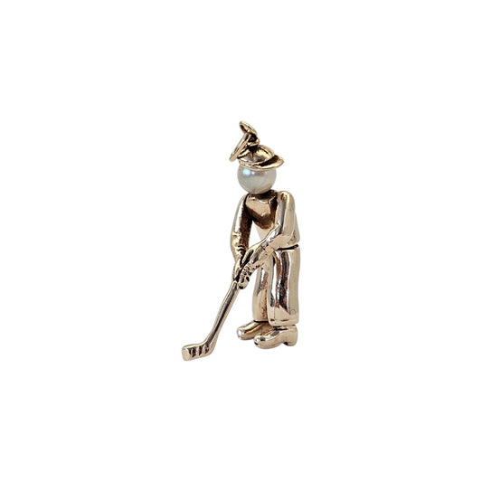 9ct 375 Yellow Gold Articulated Golf Player Pendant With Pearl L 3.1 cm 6.6 g.