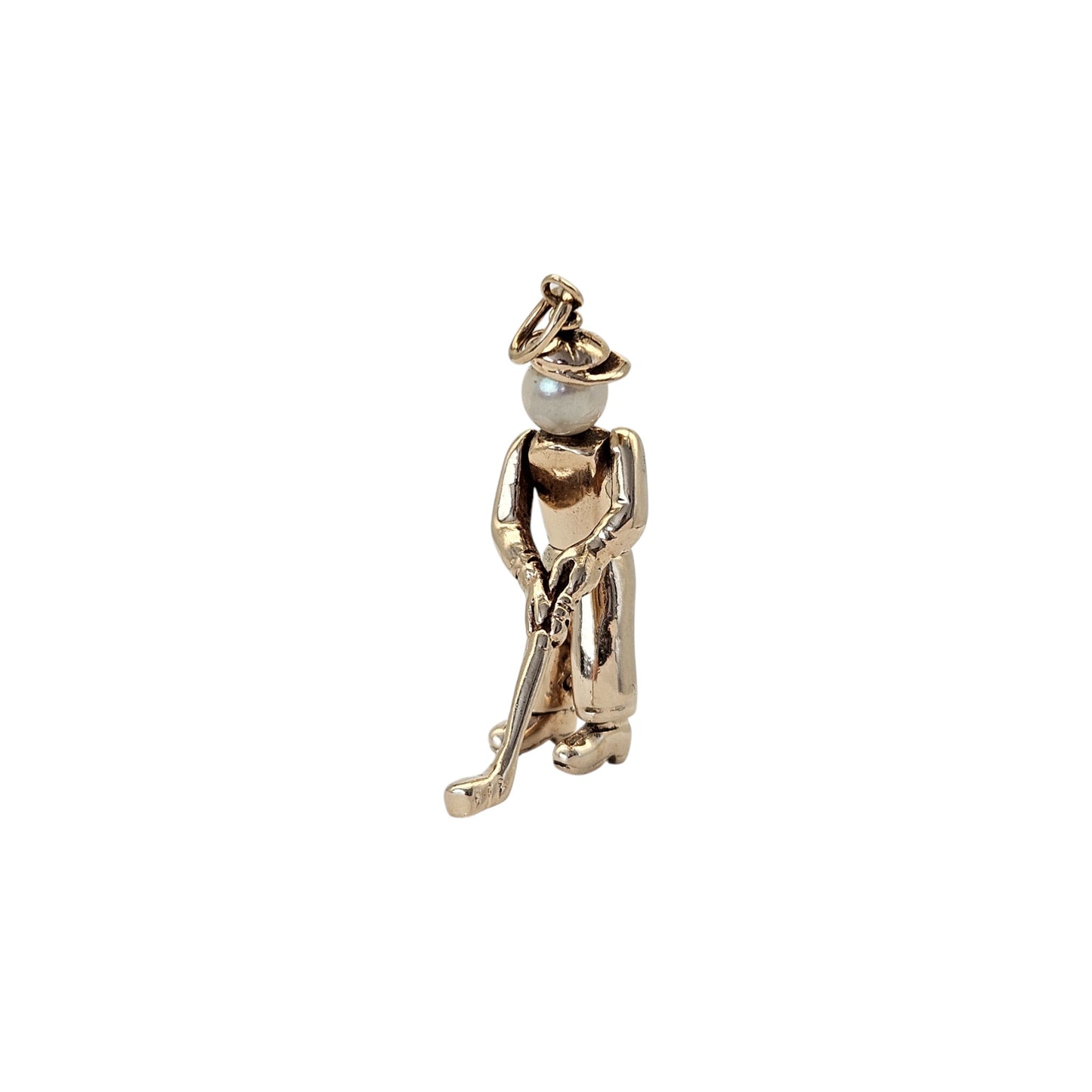 9ct 375 Yellow Gold Articulated Golf Player Pendant With Pearl L 3.1 cm 6.6 g.