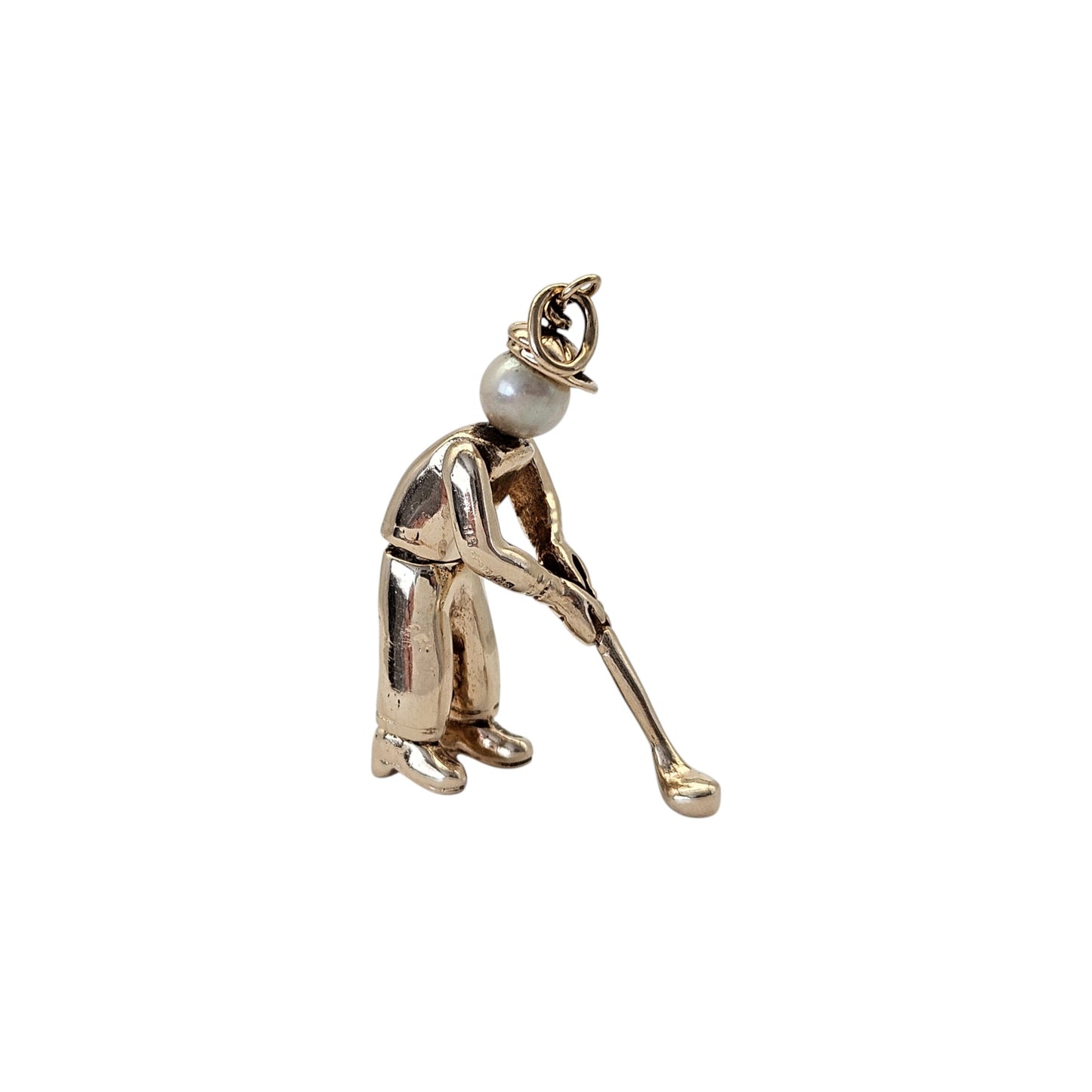 9ct 375 Yellow Gold Articulated Golf Player Pendant With Pearl L 3.1 cm 6.6 g.