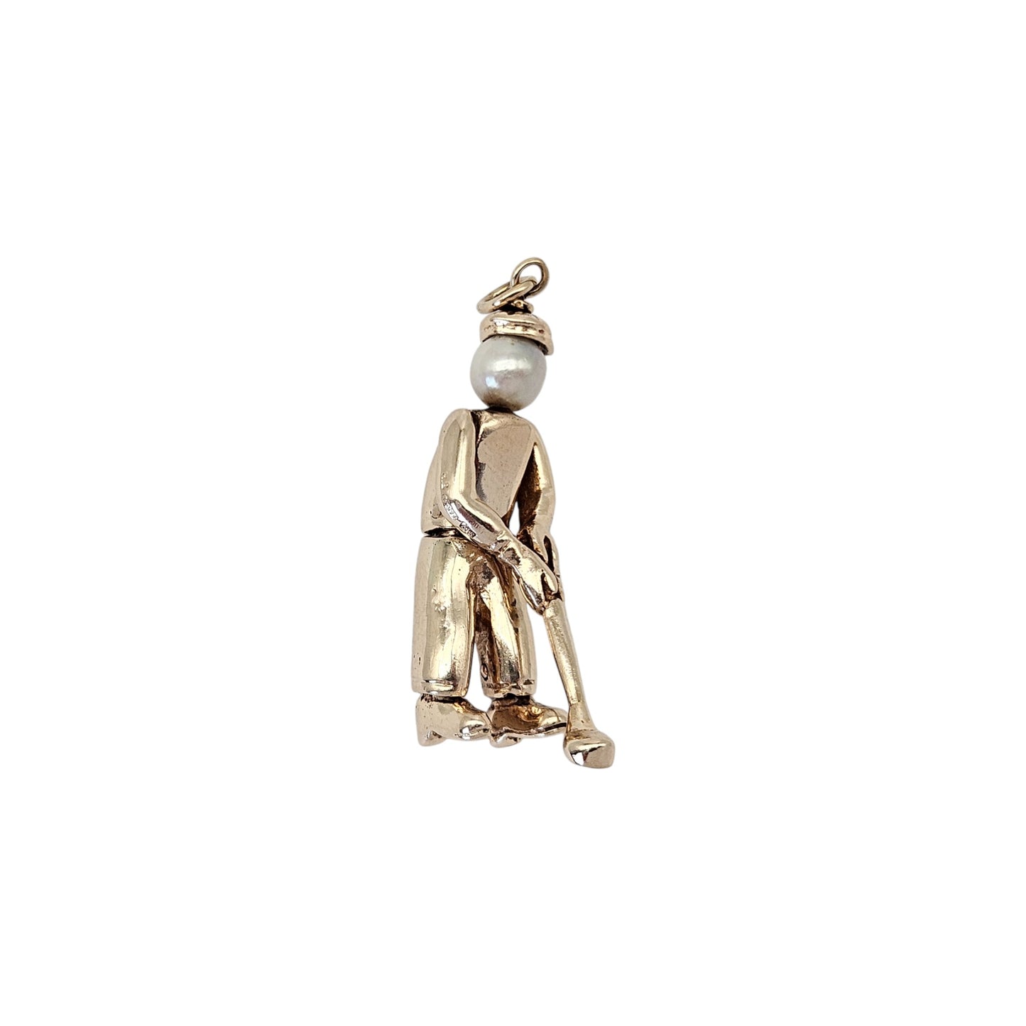 9ct 375 Yellow Gold Articulated Golf Player Pendant With Pearl L 3.1 cm 6.6 g.