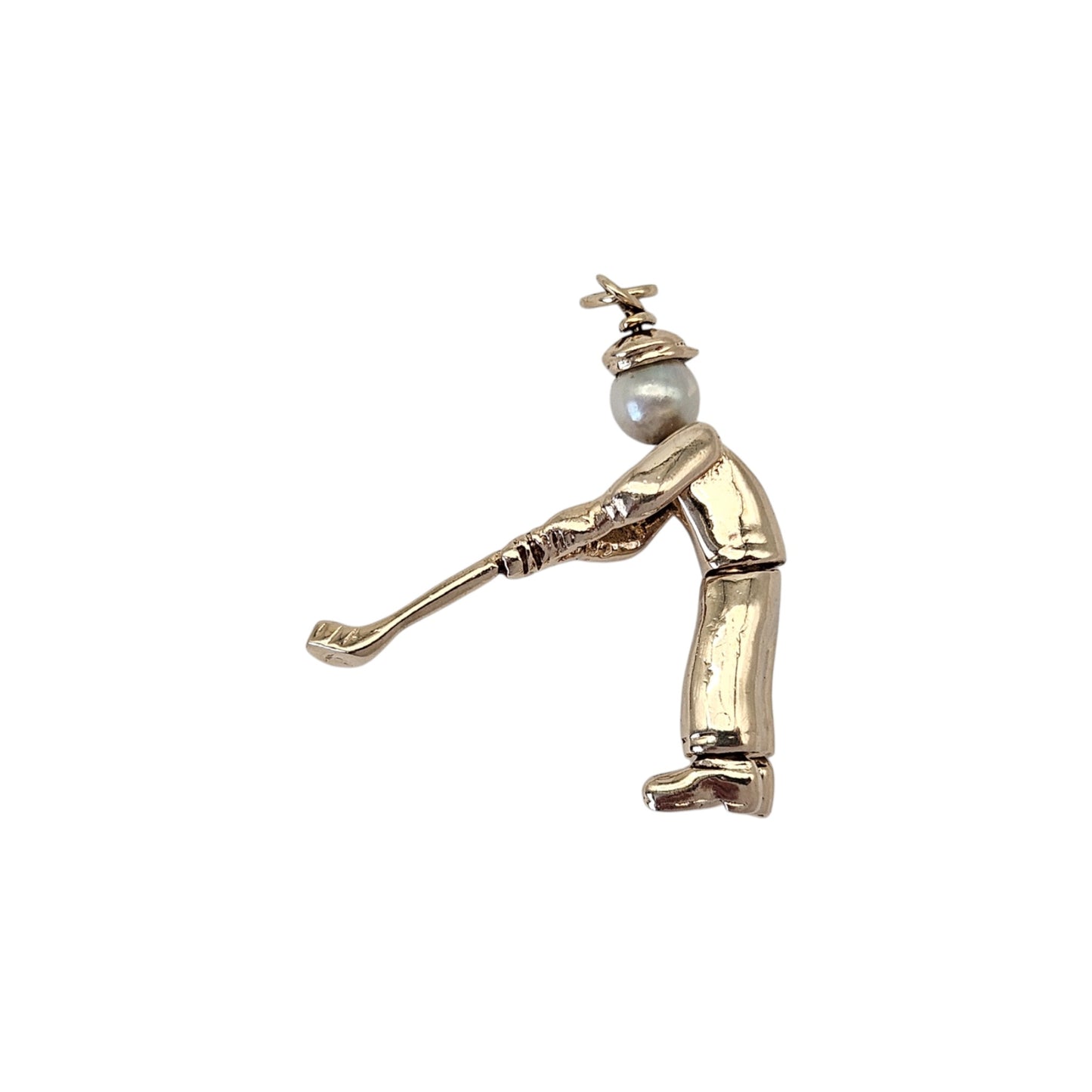 9ct 375 Yellow Gold Articulated Golf Player Pendant With Pearl L 3.1 cm 6.6 g.