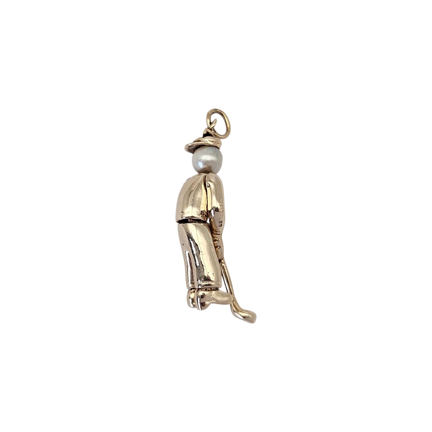 9ct 375 Yellow Gold Articulated Golf Player Pendant With Pearl L 3.1 cm 6.6 g.