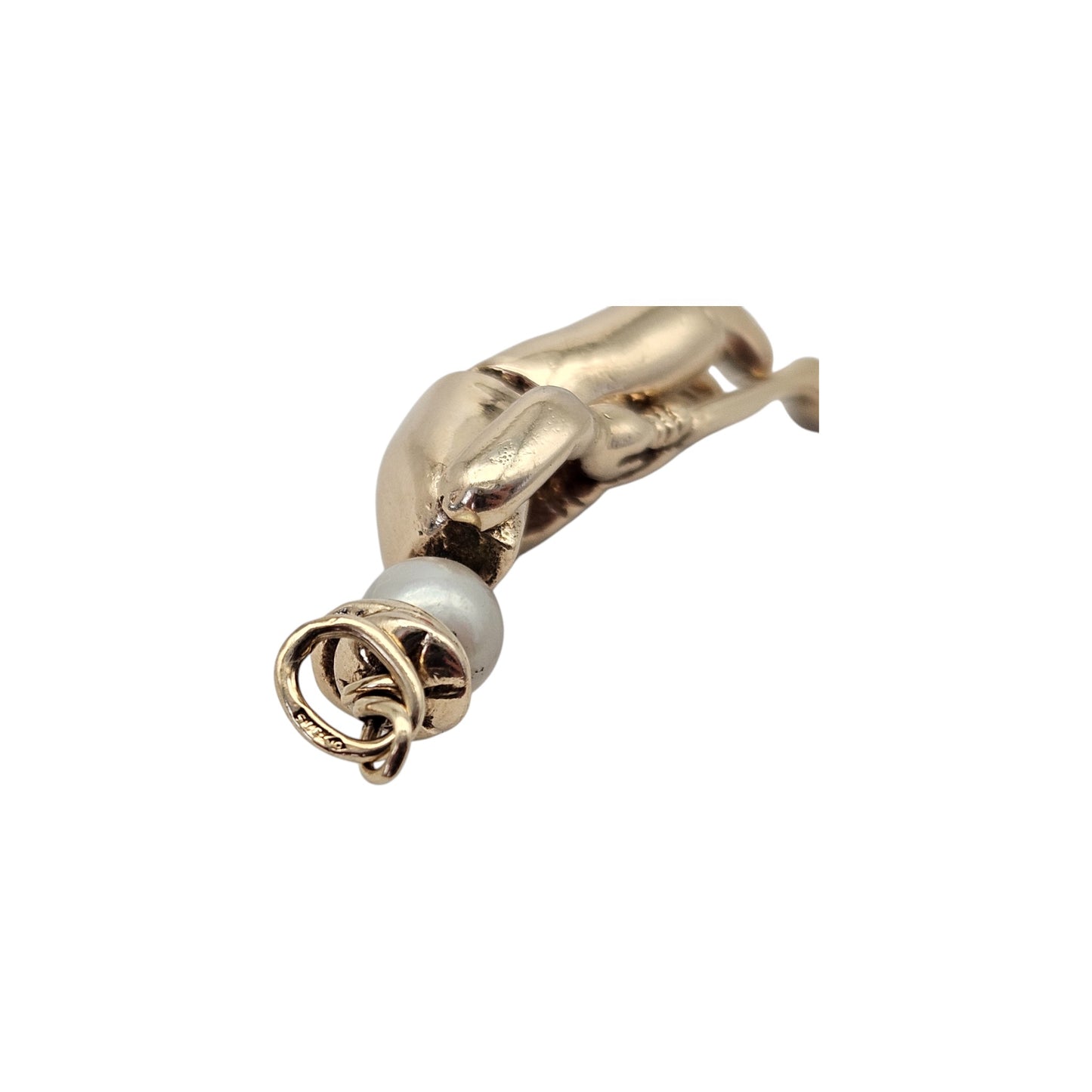 9ct 375 Yellow Gold Articulated Golf Player Pendant With Pearl L 3.1 cm 6.6 g.