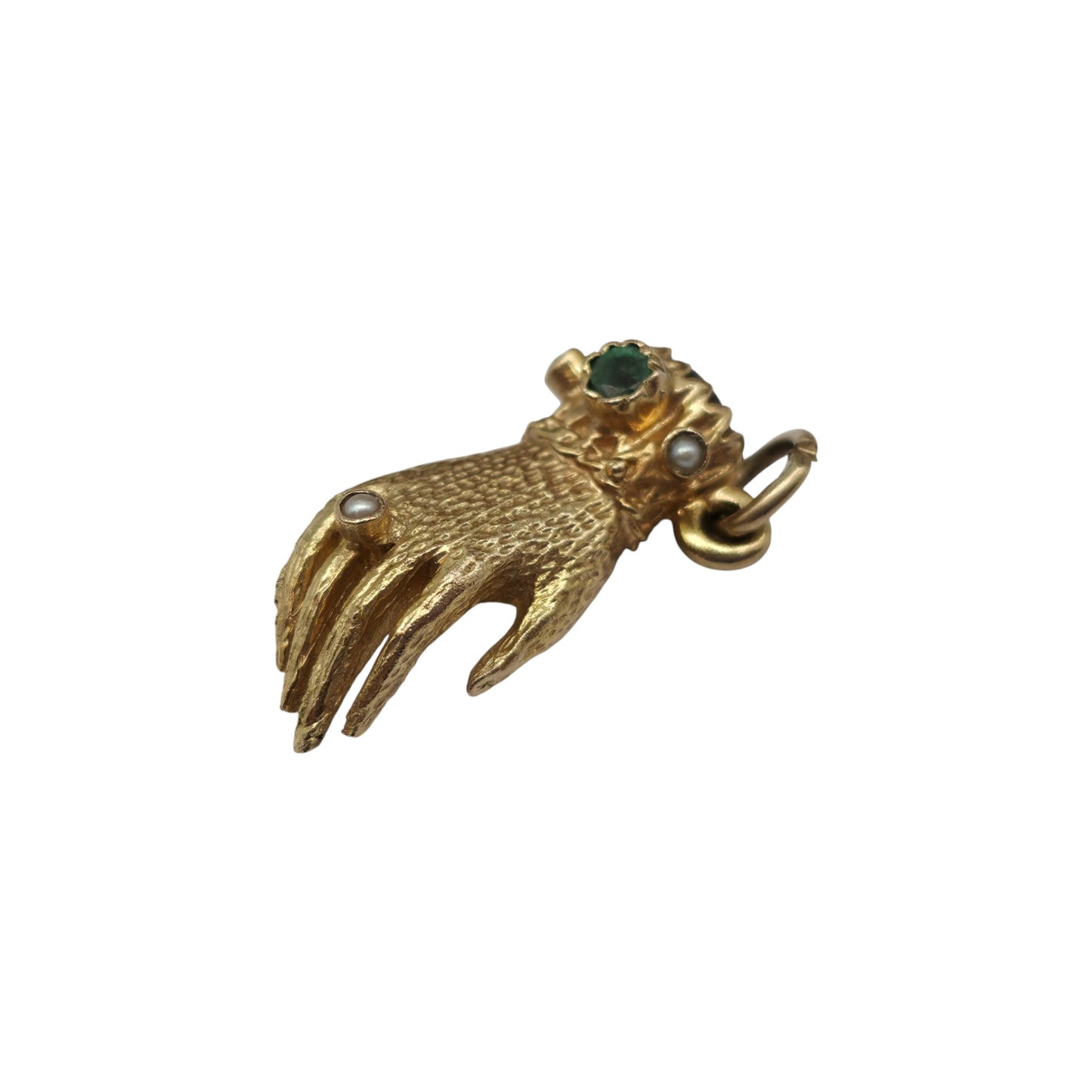 Rare 9ct 375 Yellow Gold Hand Charm With Emerald & Pearls 1976 L 2.2 cm 3.5 g.
