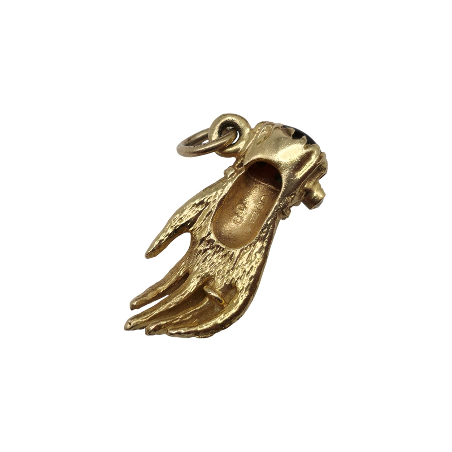 Rare 9ct 375 Yellow Gold Hand Charm With Emerald & Pearls 1976 L 2.2 cm 3.5 g.